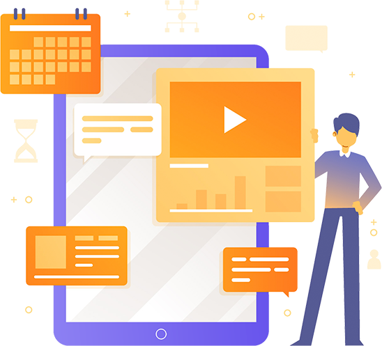 A conceptual illustration representing SEO and content strategy with floating digital elements. A figure stands on a staircase beside a large smartphone, interacting with icons of a calendar, chat bubbles, and a video play button. The color scheme is a blend of orange, yellow, and purple, symbolizing creativity and digital marketing.