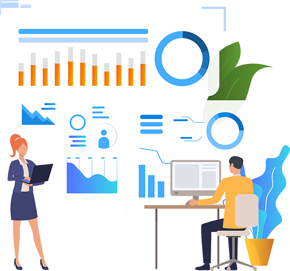A graphic illustration depicting a man and a woman in a business analytics setting. The woman stands with a clipboard, while the man sits at a desk with a computer, surrounded by various charts and data visualizations in the background.