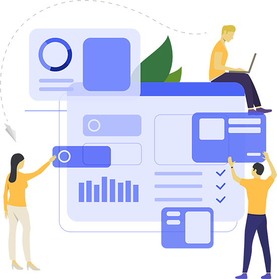 An illustration of three people interacting with large, floating interface elements representing a website or application dashboard. One person sits atop an element working on a laptop, another stands pointing at a toggle, and the third reaches up to engage with a chart, all against a dotted-line circular background.