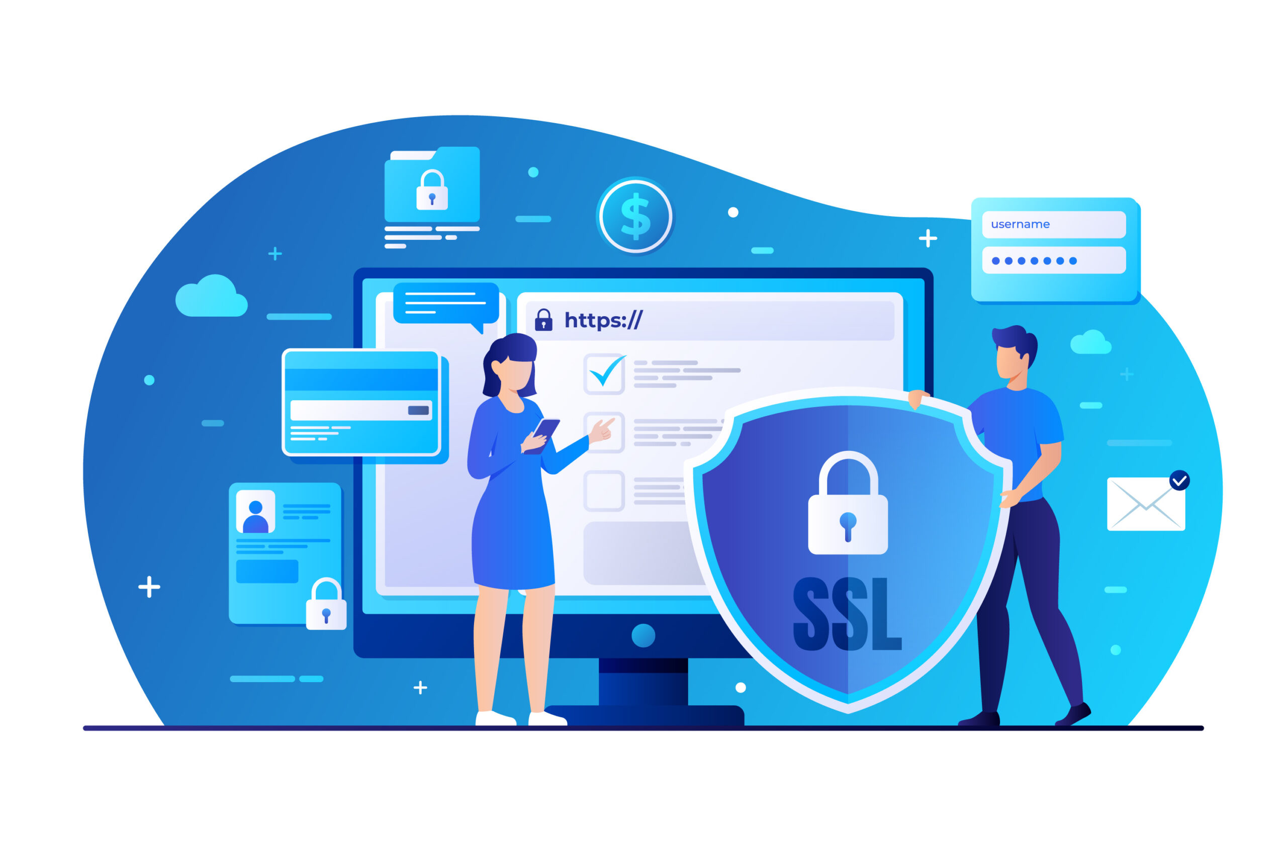 An illustration depicting online security featuring a man and a woman beside a giant monitor displaying a secure SSL connection. The woman holds a smartphone, and the man is touching a large shield icon with a padlock, symbolizing data protection. Various security and technology icons float around them against a soft blue background.