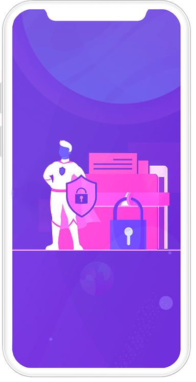 A mobile display showcases a security theme with a figure in a superhero pose holding a shield with a lock symbol. Behind the figure is an oversized padlock on folders, representing data protection. The entire image is cast in shades of purple, symbolizing cybersecurity.