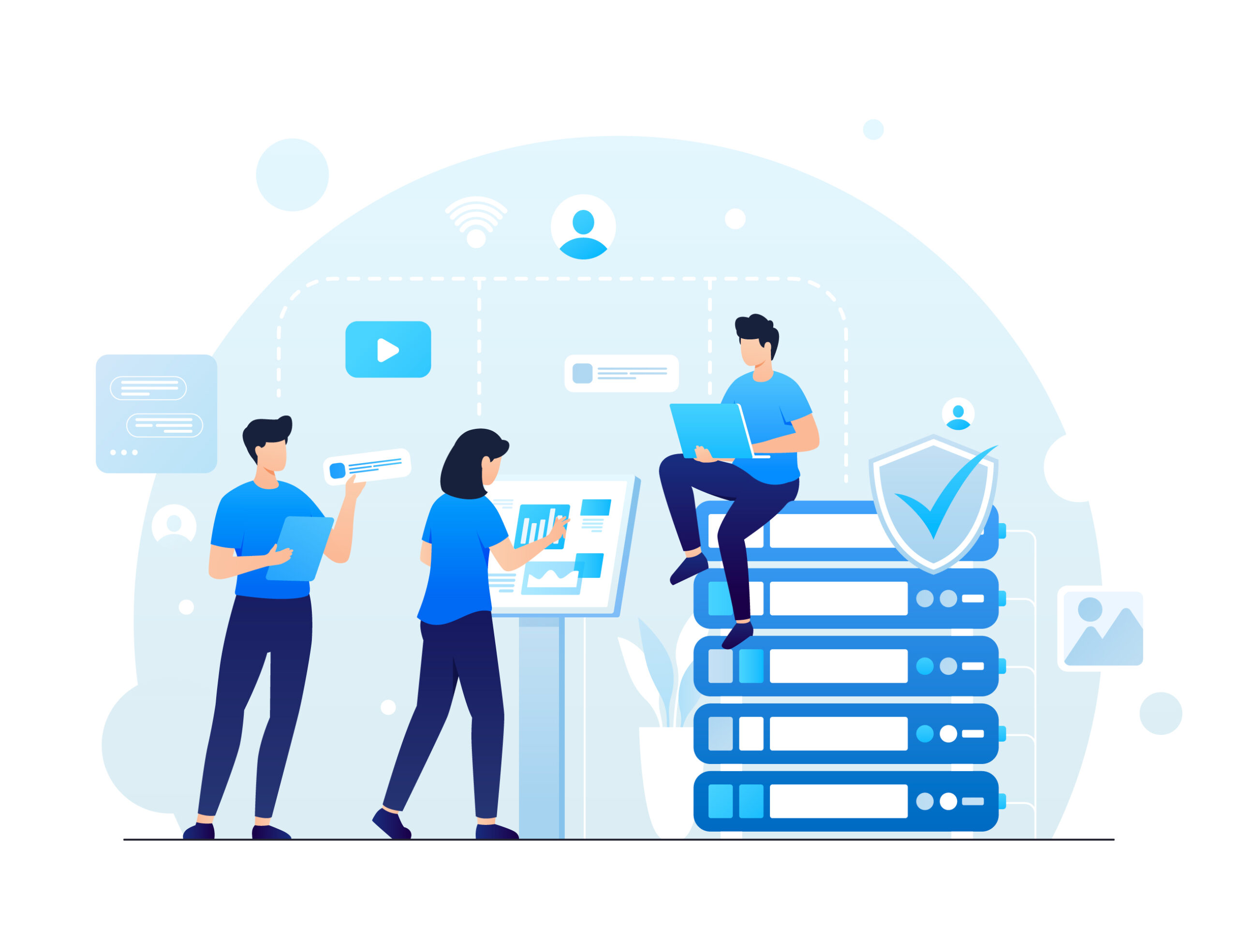 A stylized vector illustration of three people working together in a digital environment. One is sitting on a stack of oversized books, using a laptop, another is standing and interacting with a data chart on a display, and the third is holding a tablet. The background features subtle tech-inspired icons, like a shield, user avatars, and chat bubbles, representing a connected network.