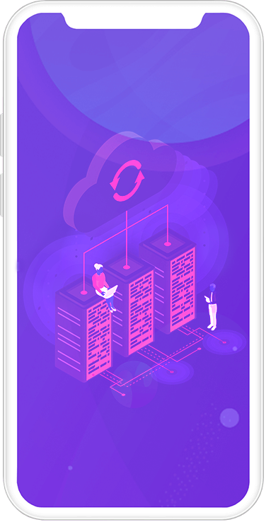 On a smartphone screen, an isometric graphic displays a cloud computing concept with three server racks connected by dotted lines. Above them floats a stylized cloud with a sync icon, and two miniature people are working on the servers. The scene is set against a gradient purple background, emphasizing a theme of digital data management.
