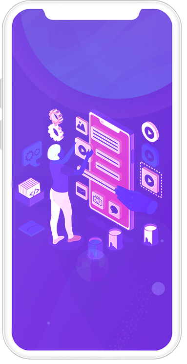 A smartphone screen illustrates a developer working on a mobile app interface, with floating UI elements and icons such as gears, play buttons, and code brackets. The developer is surrounded by symbols of technology and creativity against a vibrant purple backdrop, conveying the process of app development.
