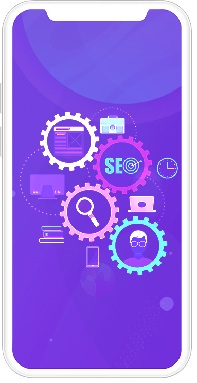 A smartphone display showcasing various colorful gears with icons symbolizing different aspects of SEO, such as a magnifying glass, mail, graphs, and glasses. The design elements are set against a dynamic purple background, illustrating the interconnected nature of digital marketing components.
