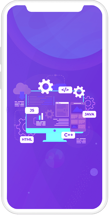 A graphic on a smartphone screen showing a conceptual design for web development, featuring floating elements like gears, code syntax for HTML, JS, JAVA, and C++, and interface windows. The design is in shades of purple and blue, conveying a high-tech, digital theme.